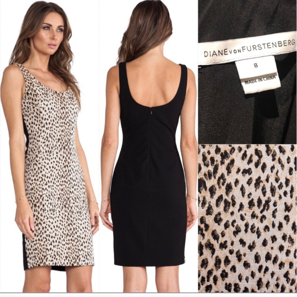 Diane Von Furstenberg Black and Leopard Print Midi Sheath Dress